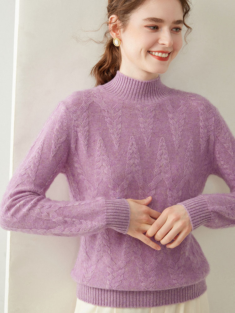 Cable-knit Mock Neck Wool Cashmere Sweater