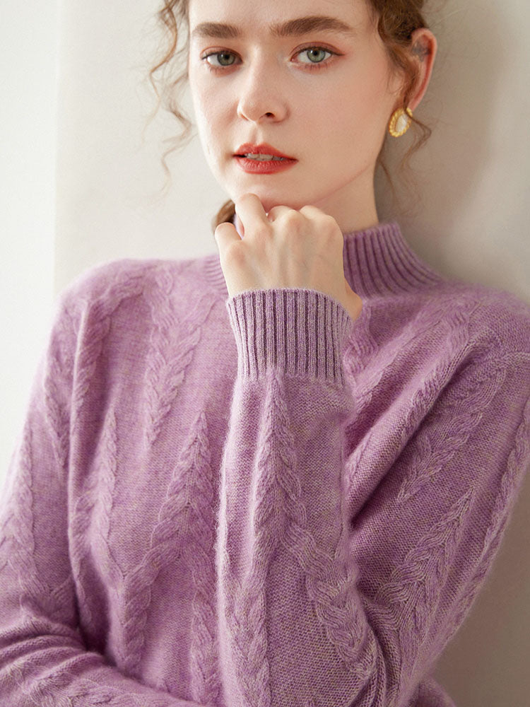 Cable-knit Mock Neck Wool Cashmere Sweater
