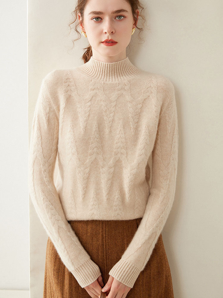Cable-knit Mock Neck Wool Cashmere Sweater