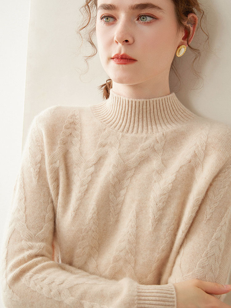 Cable-knit Mock Neck Wool Cashmere Sweater