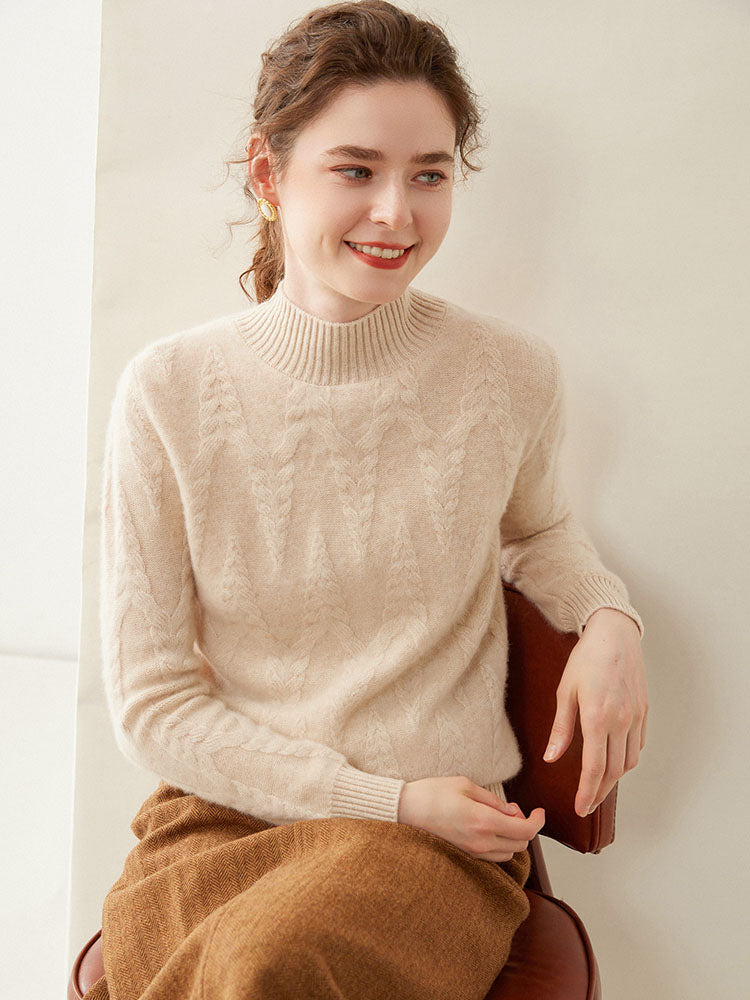 Cable-knit Mock Neck Wool Cashmere Sweater