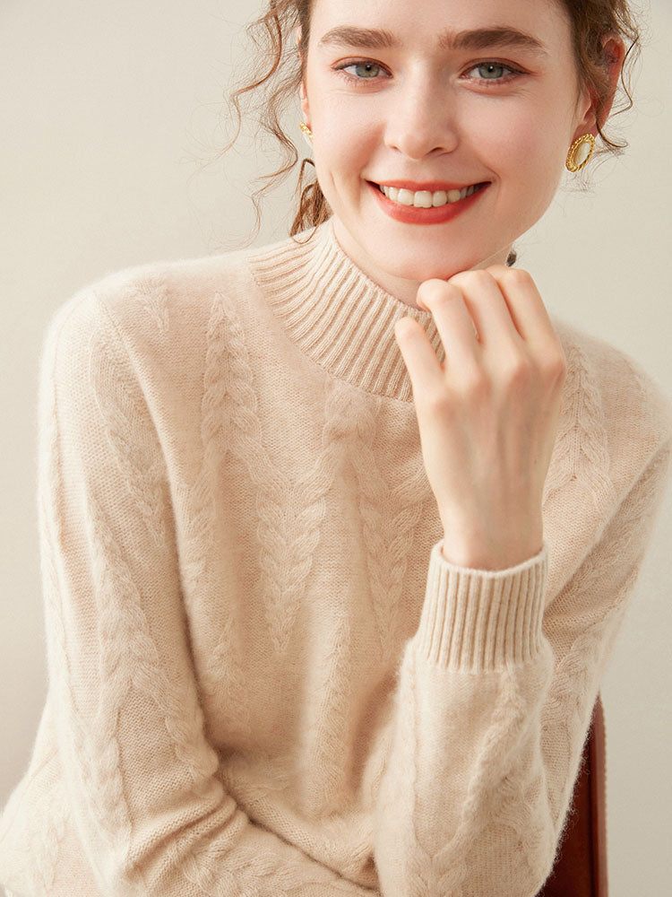 Cable-knit Mock Neck Wool Cashmere Sweater