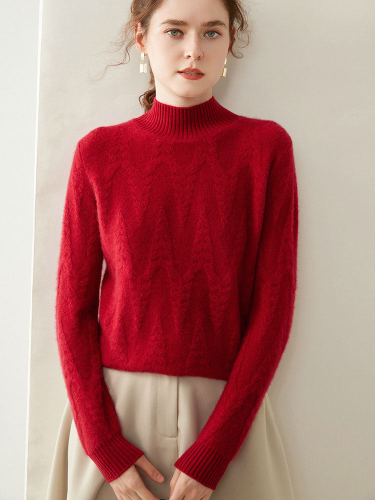 Cable-knit Mock Neck Wool Cashmere Sweater