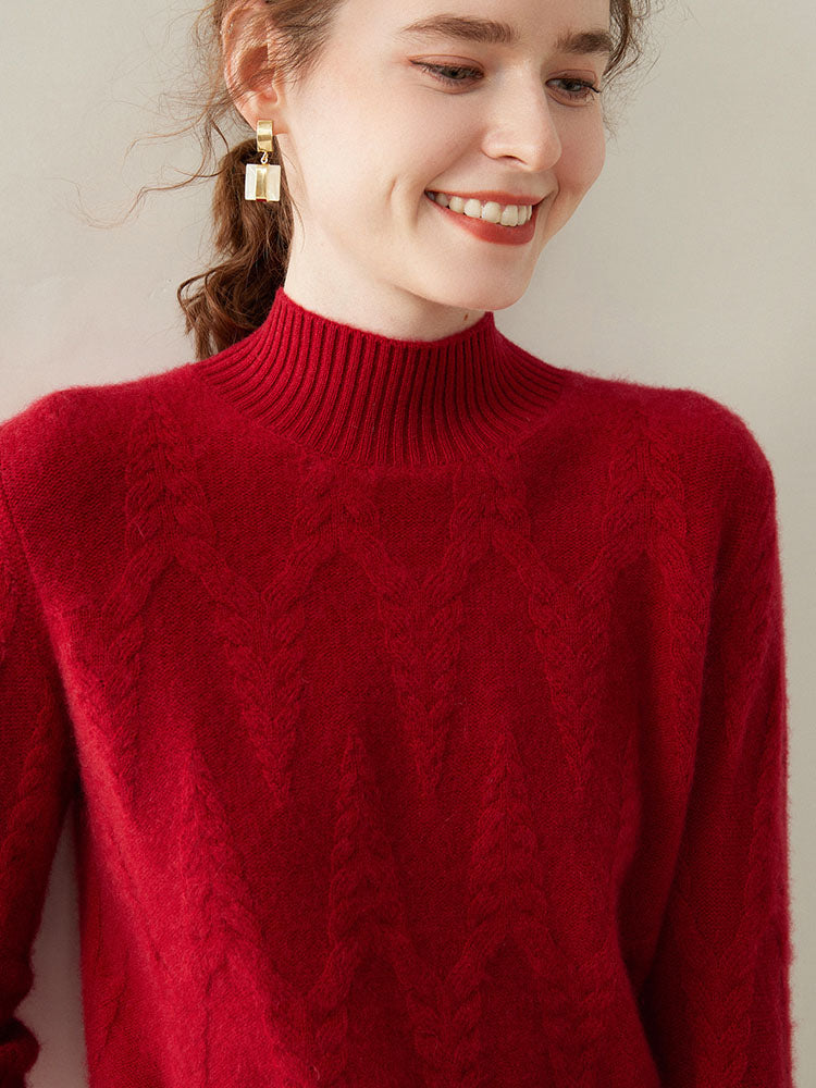 Cable-knit Mock Neck Wool Cashmere Sweater
