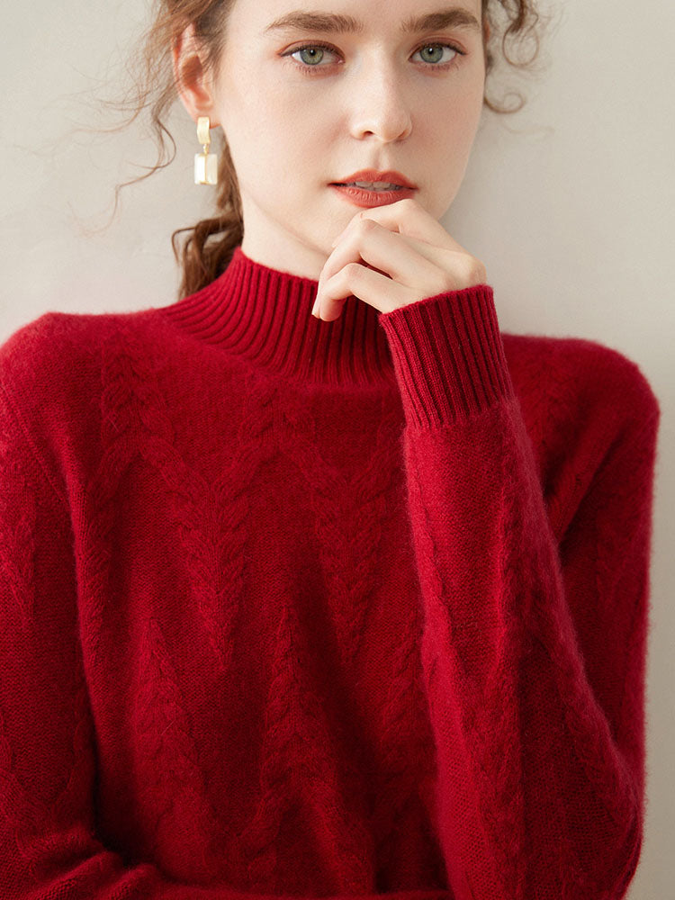 Cable-knit Mock Neck Wool Cashmere Sweater