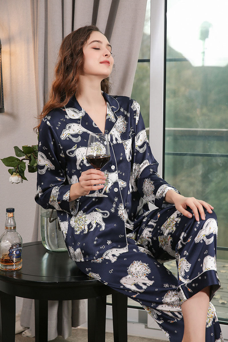 Women's Silk Lion Printed Full Length Pajama Set