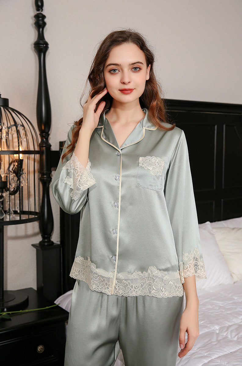 Silk Lace Flower Trim Pajamas 2Pcs Set