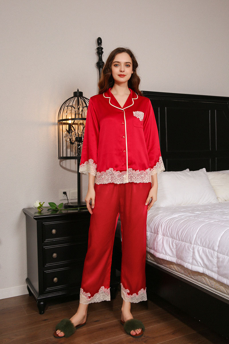 Silk Lace Flower Trim Pajamas 2Pcs Set