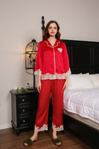 Silk Lace Flower Trim Pajamas 2Pcs Set