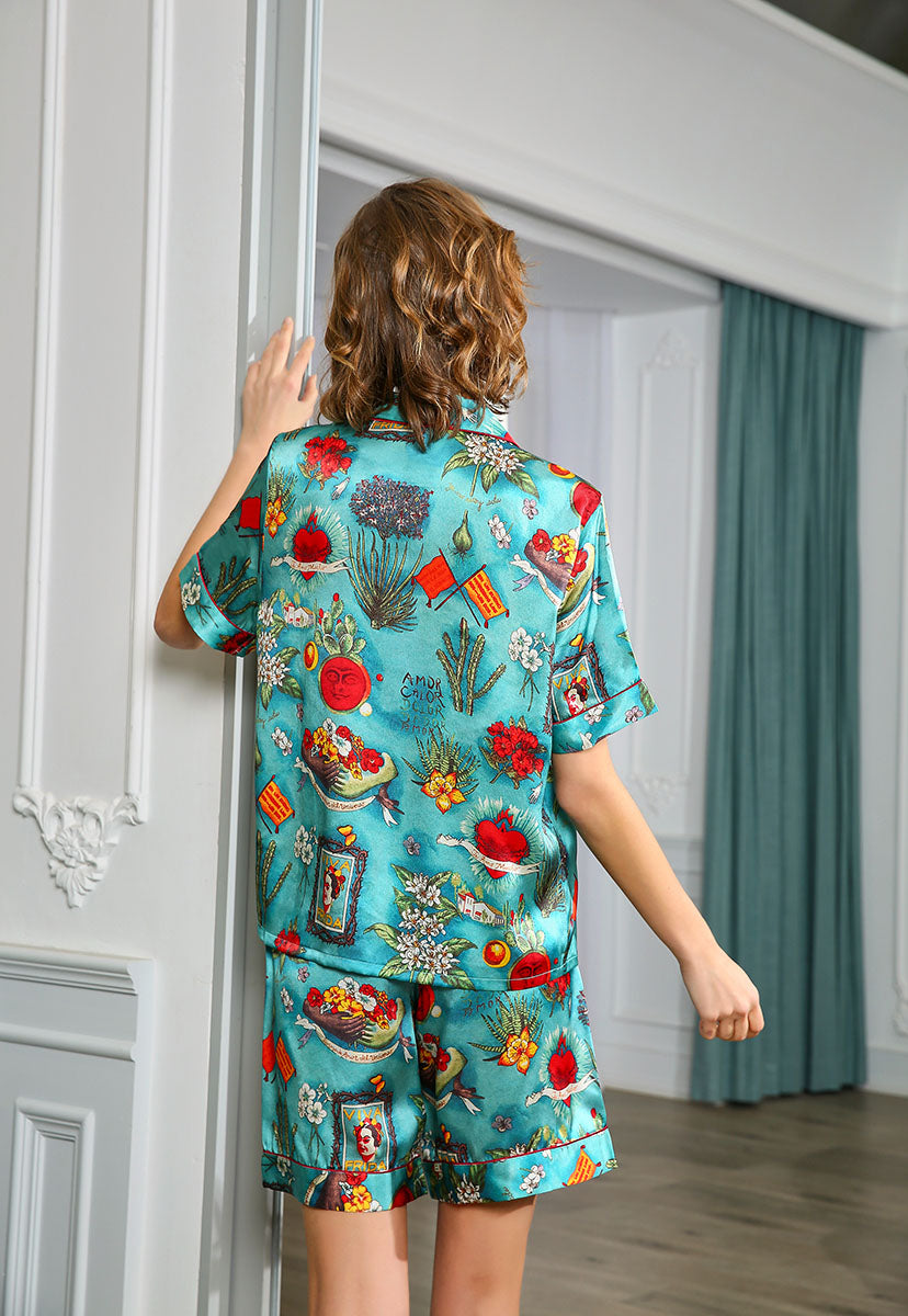 Silk Floral Printed Short Sleeve Women's Pajamas Set